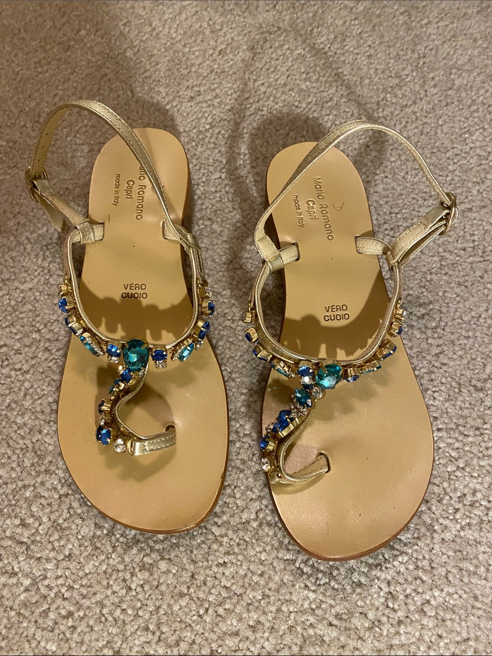 Mario Romano Capri Italy Blue Crystal Gold Sandals